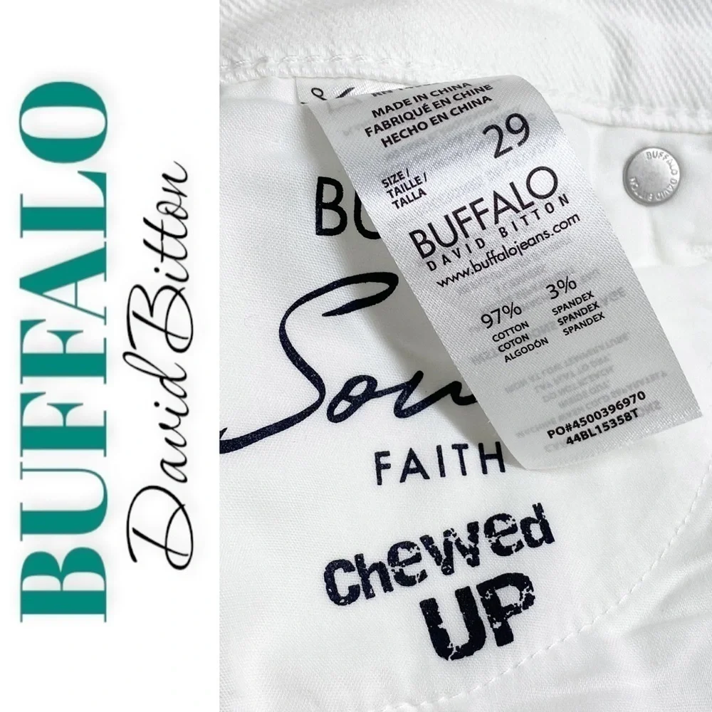 NWT‎ BUFFALO DAVID BITTON Faith White Mid Rise Skinny Jeans Frayed Hem, Size 29